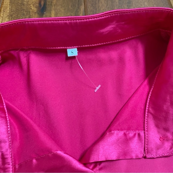 SHEIN Vibrant Pink Satin Blouse with Feather Cuffs. Size small - Picture 3 of 6
